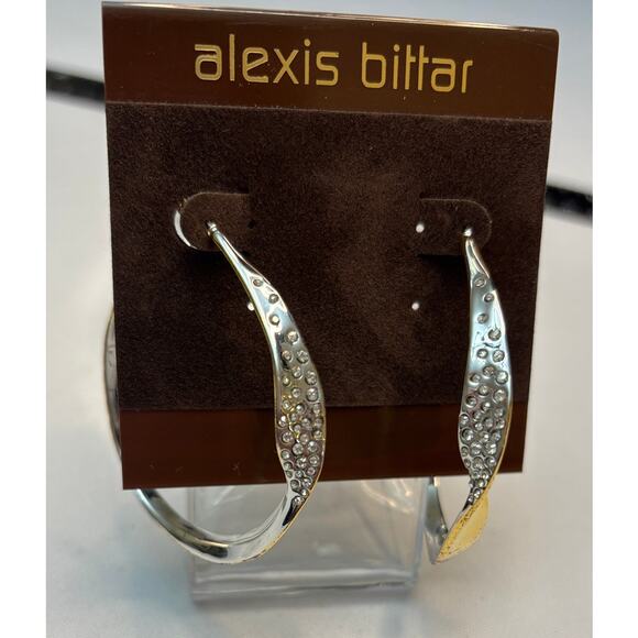 ALEXIS BITTAR Crystal Encrusted Twisted Two Tone Silver-Gold Hoop Earrings | NWT - Picture 6 of 12